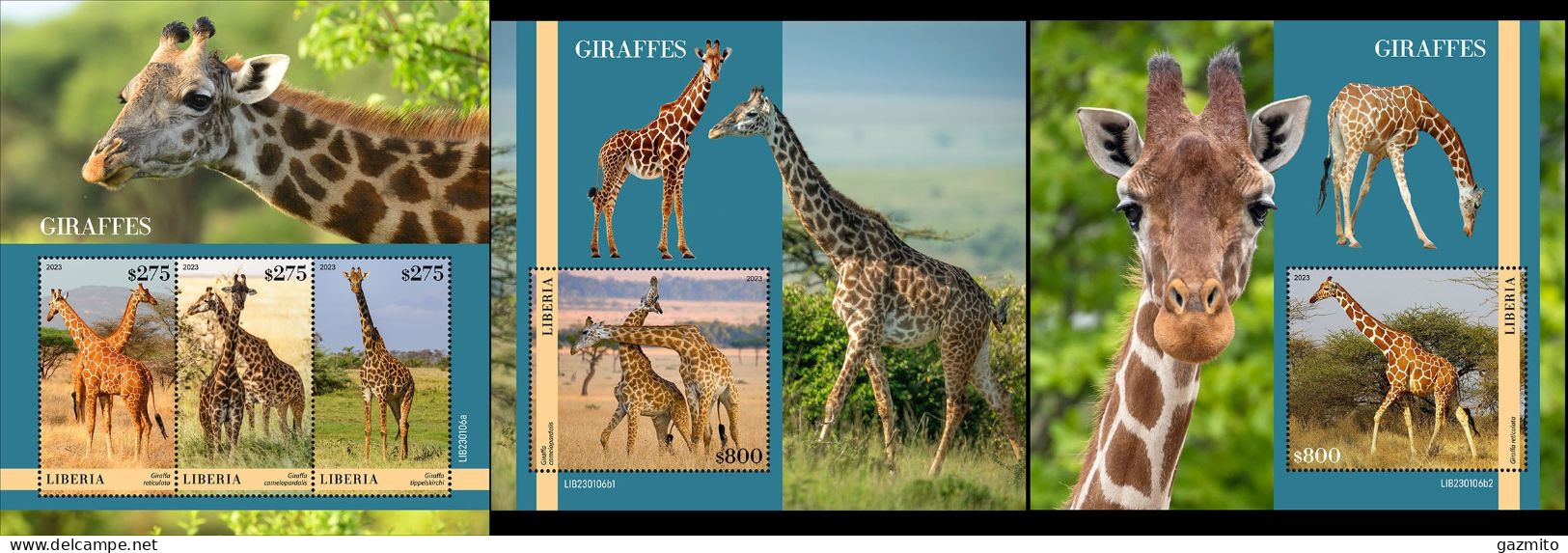 Liberia 2022, Animals, Giraffes, 3val In BF+2BF - Jirafas