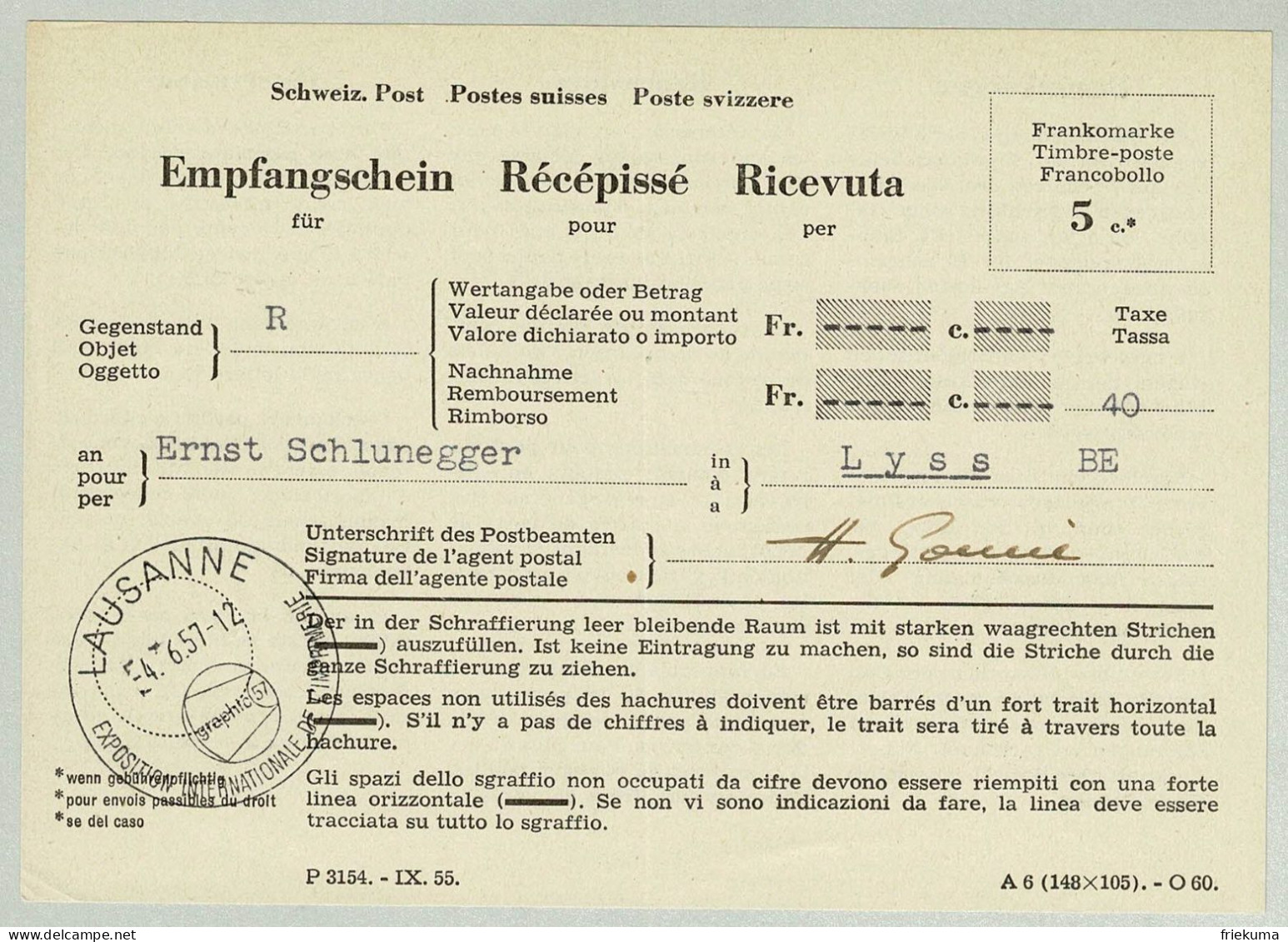 Schweiz / Helvetia 1957, Empfangsschein Exposition Imprimerie / Druckerei / Printing Lausanne - Usines & Industries