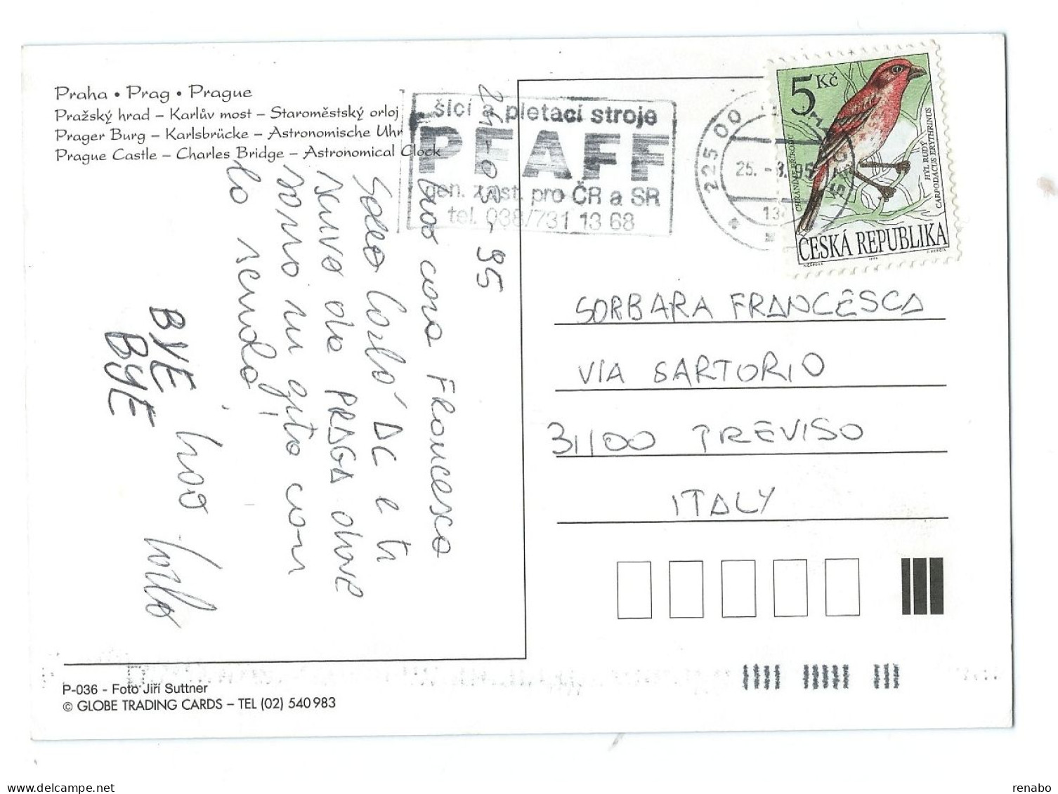 Repubblica Ceca, Czech Rep. 1995; Pettirosso; Storia Postale Per L' Italia; Praga In Cartolina, Viaggiata + Targhetta - Spatzen