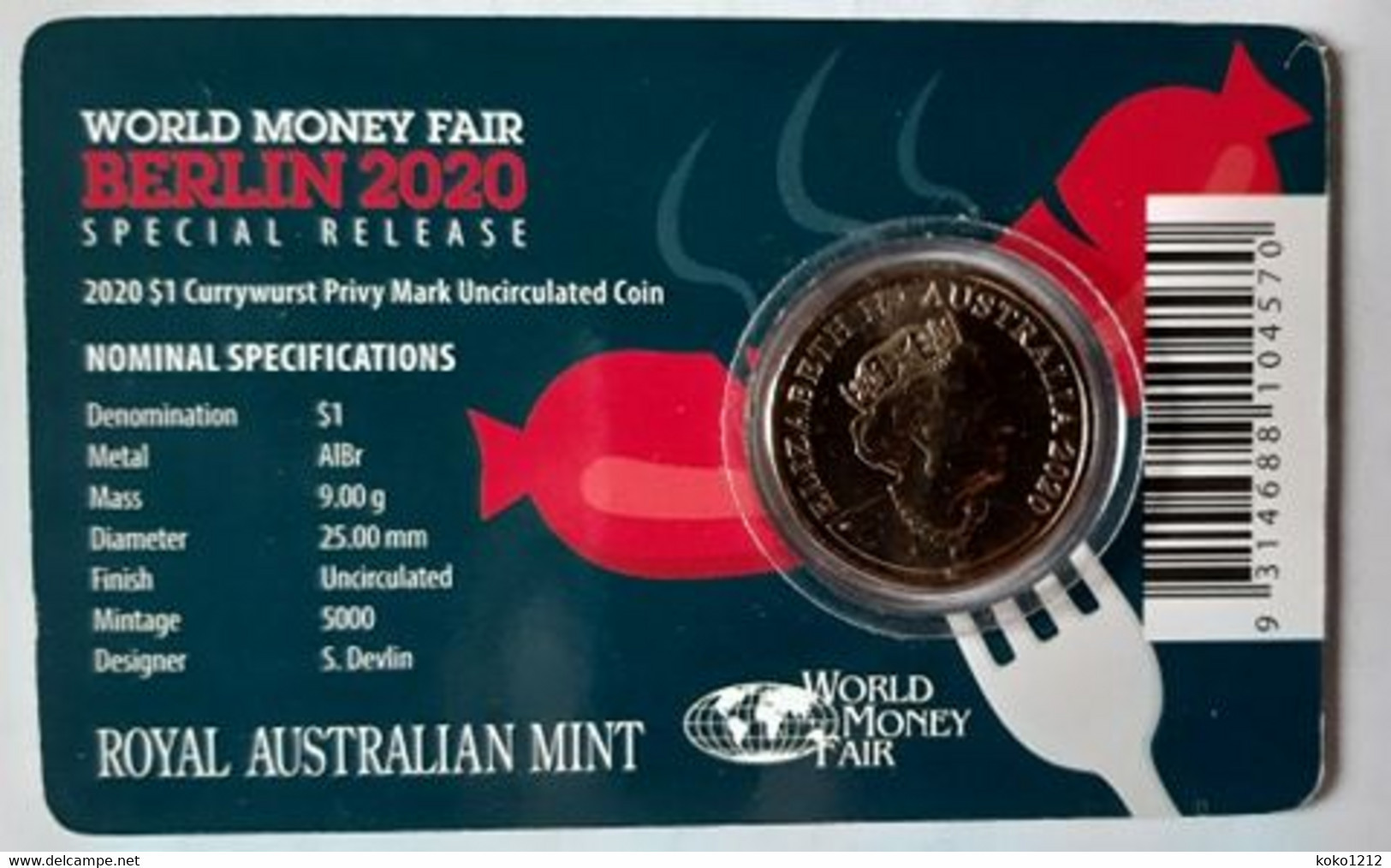 Australia - 1 Dollar - 2020 - World Money Fair Berlin WMF - 5000ex Only! - With Special Mintmark Sausage - Dollar