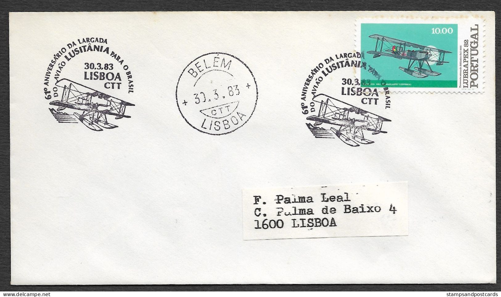 Portugal 61 Ans 1º Traversée Par Avion Atlantique Sud Gago Coutinho Cachet Commemoratif 1983 Avion Plane - Flammes & Oblitérations