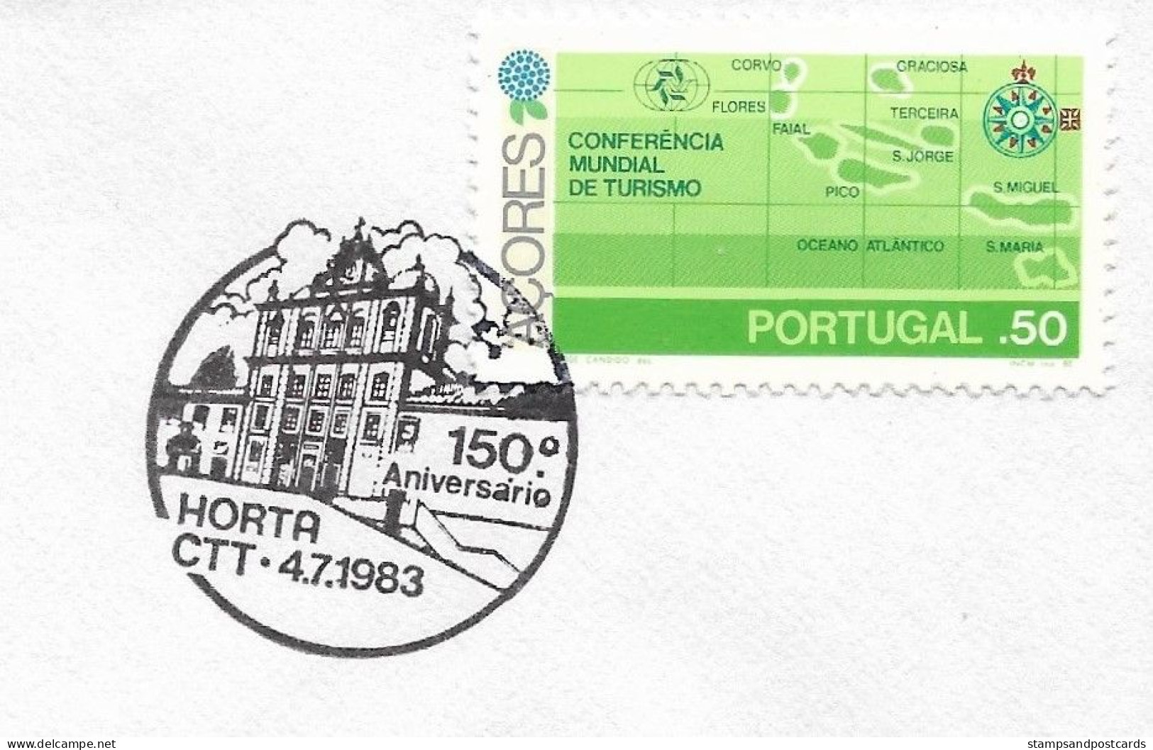 Portugal Cachet Commémoratif 150 Ans Horta Açores 1983 Event Postmark 150 Years Horta Azores Eglise Church - Flammes & Oblitérations