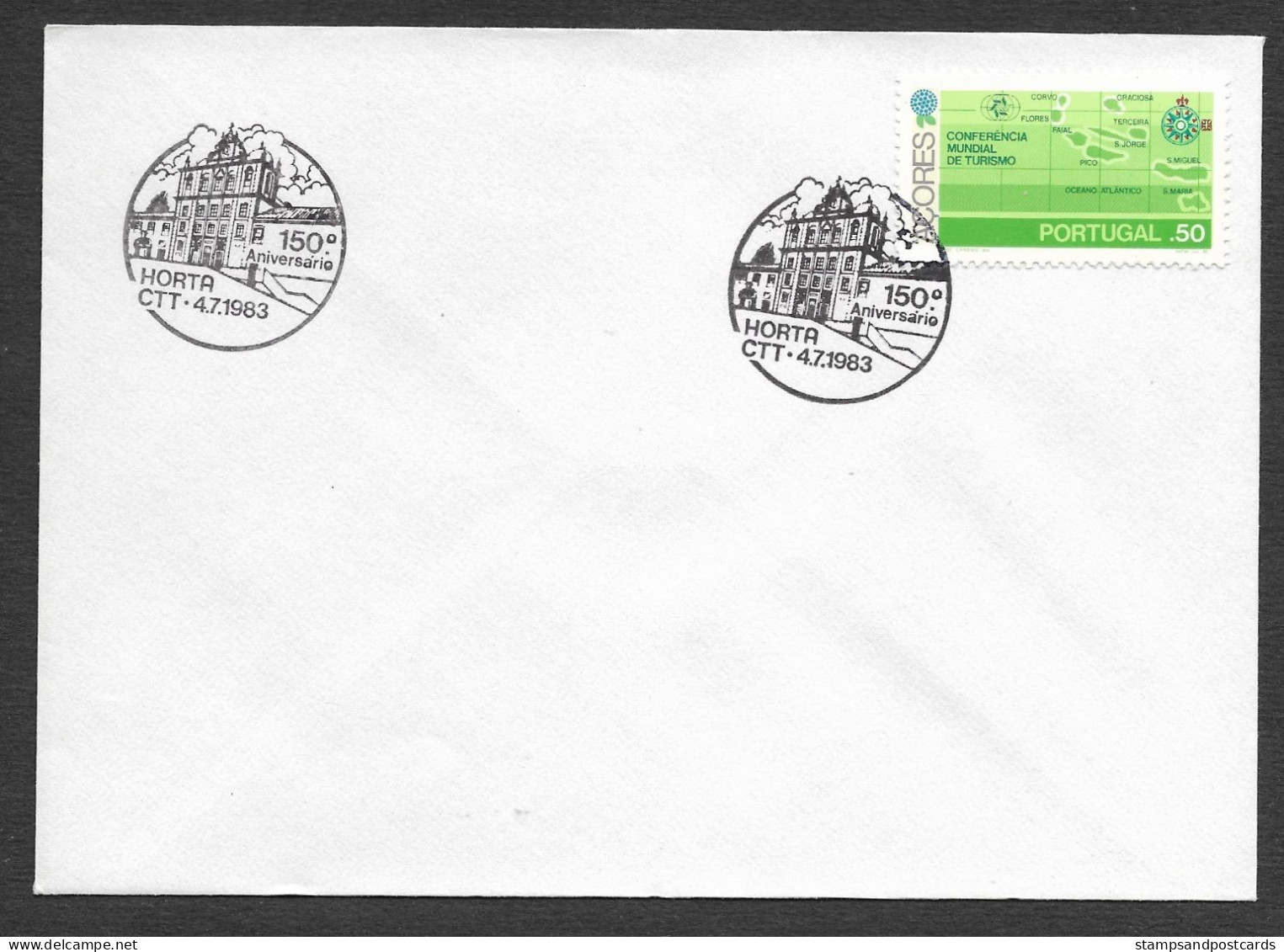 Portugal Cachet Commémoratif 150 Ans Horta Açores 1983 Event Postmark 150 Years Horta Azores Eglise Church - Flammes & Oblitérations