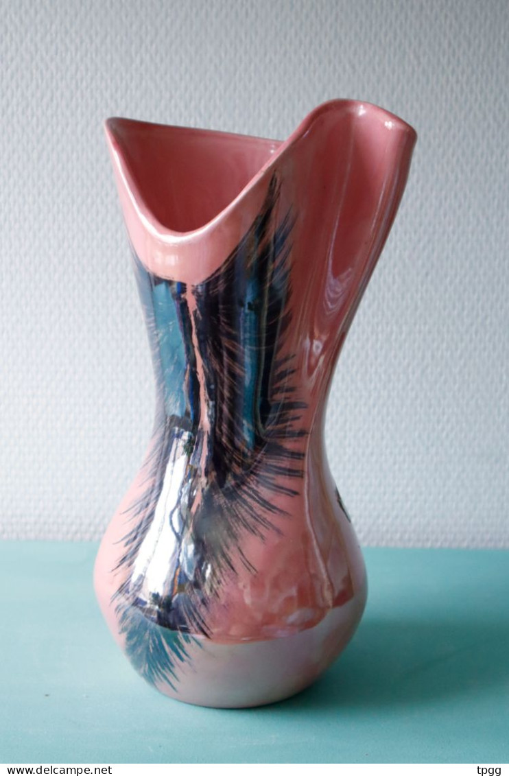 Vase Céramique Vintage Vallauris Fady émail Rose Décor Plume - Vallauris (FRA)