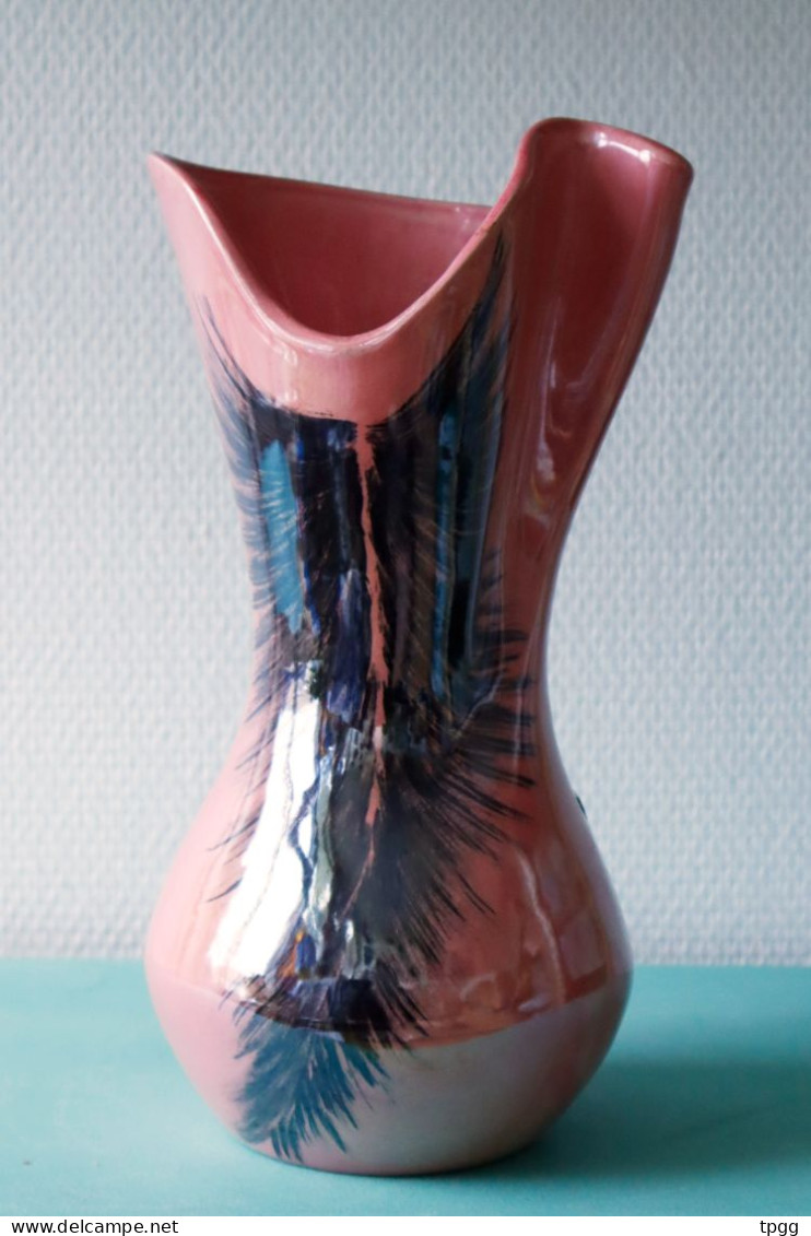 Vase Céramique Vintage Vallauris Fady émail Rose Décor Plume - Vallauris (FRA)