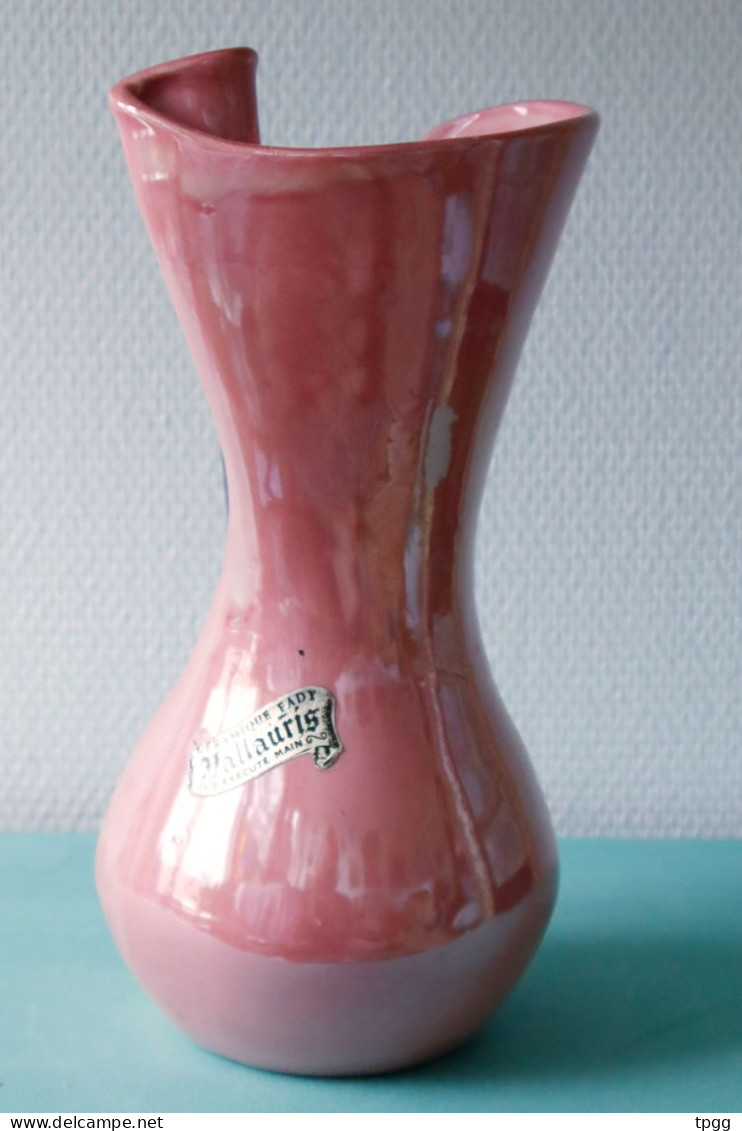 Vase Céramique Vintage Vallauris Fady émail Rose Décor Plume - Vallauris (FRA)