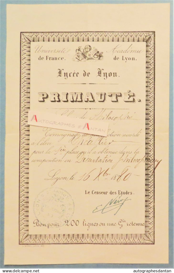 ● Elève THEALLIER 1880 Témoignage De Satisfaction - Lycée De Lyon Primauté - Dissertation Philosophie - Rhône XIXè - Diplômes & Bulletins Scolaires