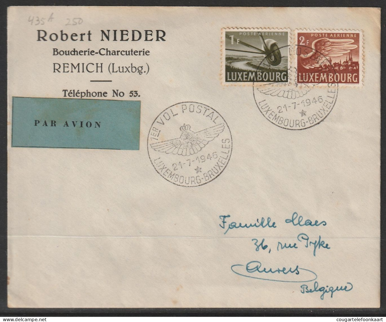 1945, First Flight Cover, Luxembourg-Bruxelles - Storia Postale