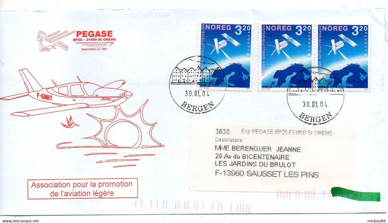 Norvège-2004--BERGEN Pour SAUSSET LES BAINS-13  (France)..Beaux Timbres Sur Lettre Illustrée "PEGASE" 'avion..... Cachet - Cartas & Documentos