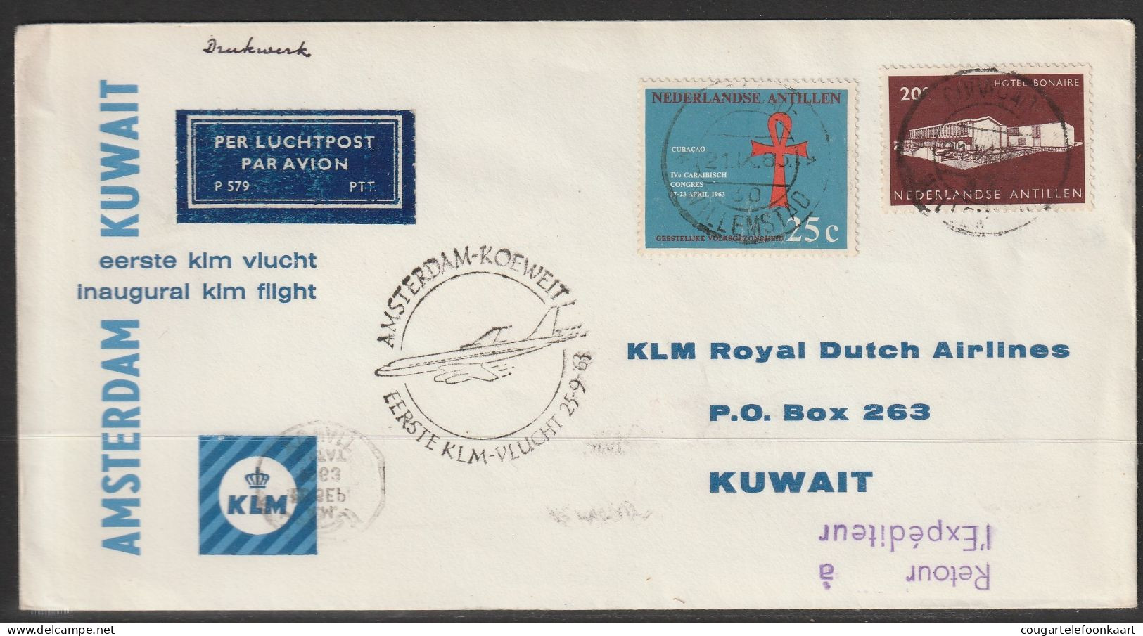 1963, KLM, First Flight Cover, Willemstad Ned. Antillen-Kuwait, Buitenlandse Post - Curaçao, Nederlandse Antillen, Aruba