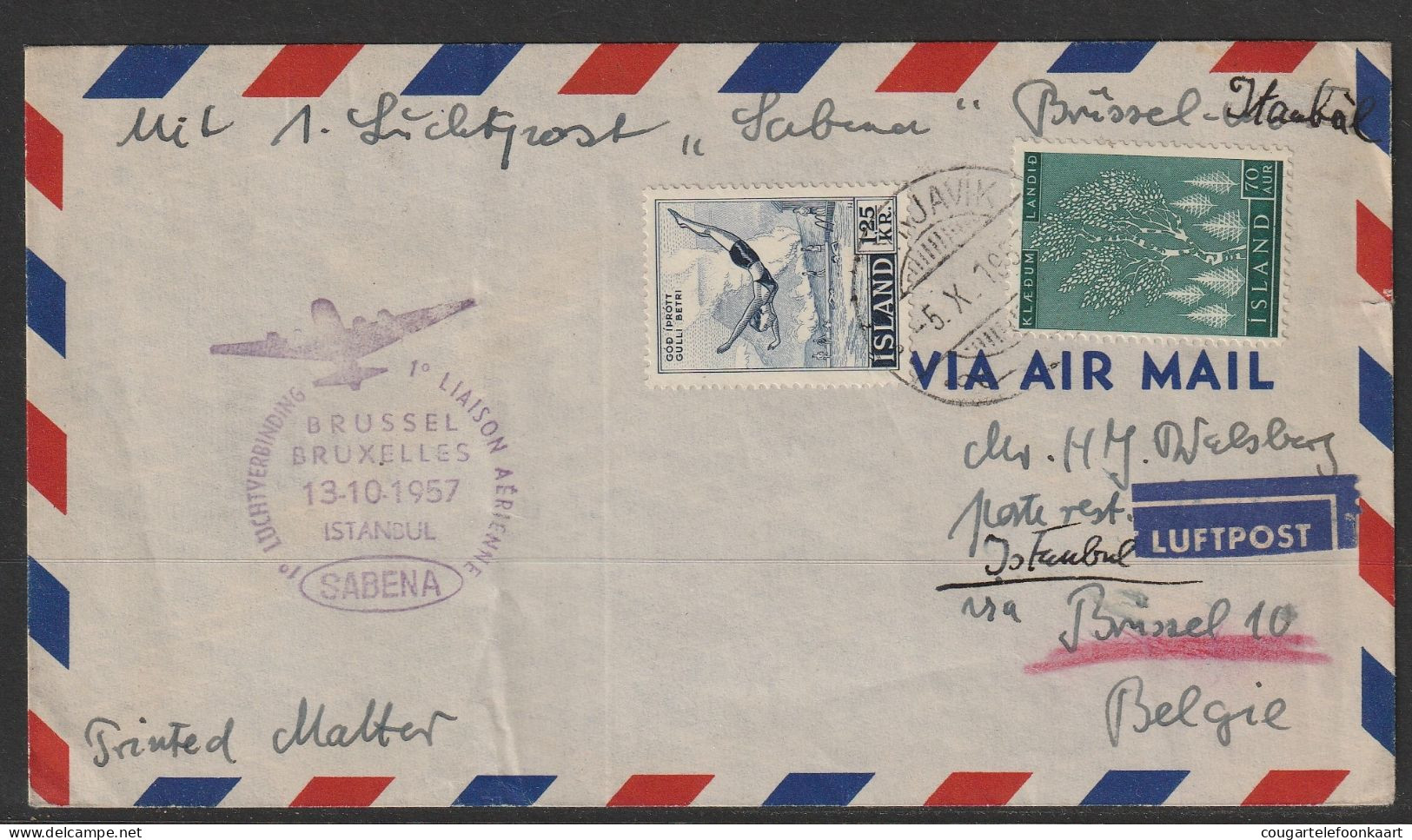 1957, Sabena, First Flight Cover, Bruxelles-Istanbul, Feeder Mail - Luchtpost