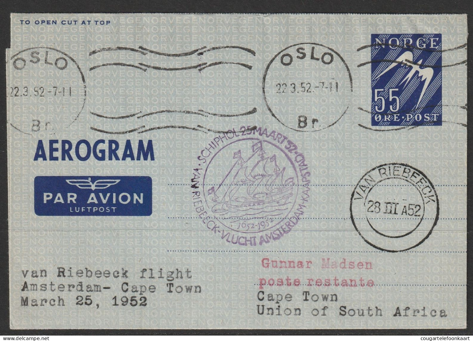 1952, KLM, Van Riebeeck-flight Aerogram, Oslo-Cape Town, Feeder Mail - Covers & Documents