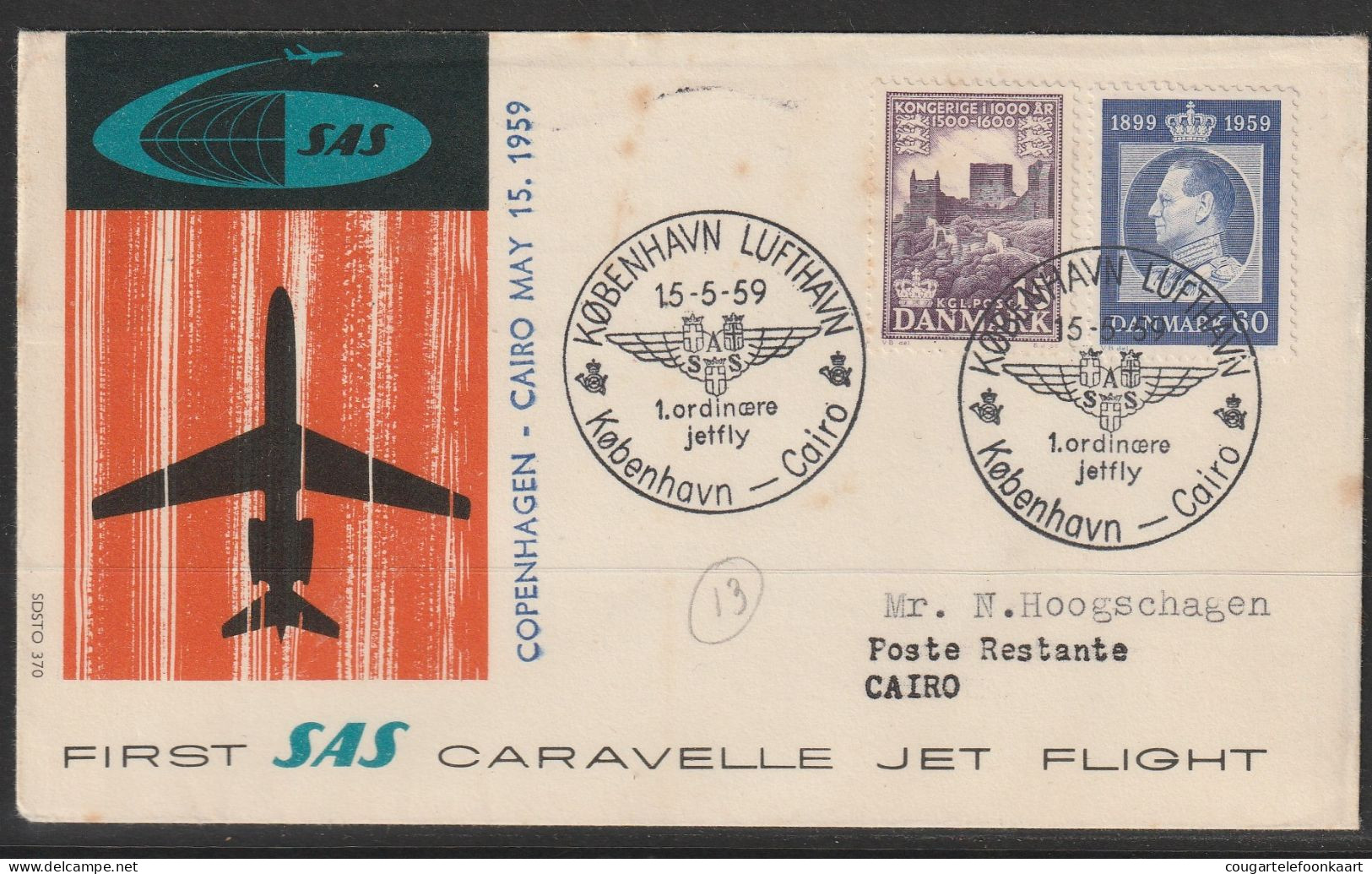 1959, SAS, First Flight Cover, Kobenhavn-Cairo - Luchtpostzegels