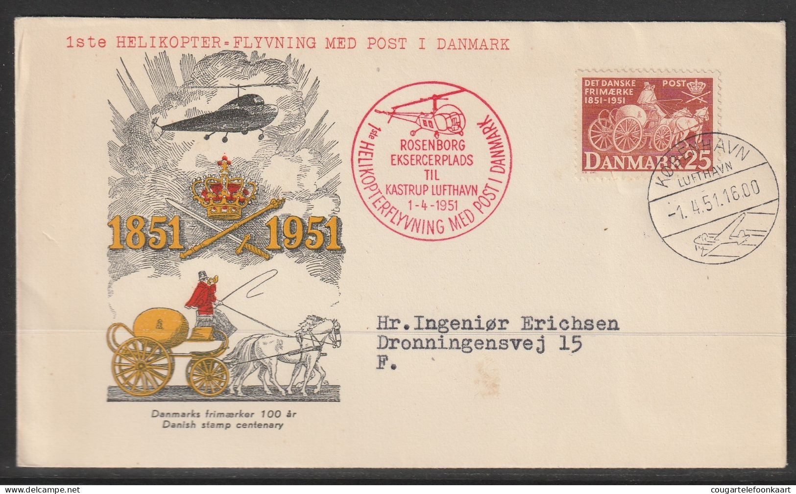 1951, First Helicopter Flight Cover, Rosenborg-Kastrup - Posta Aerea