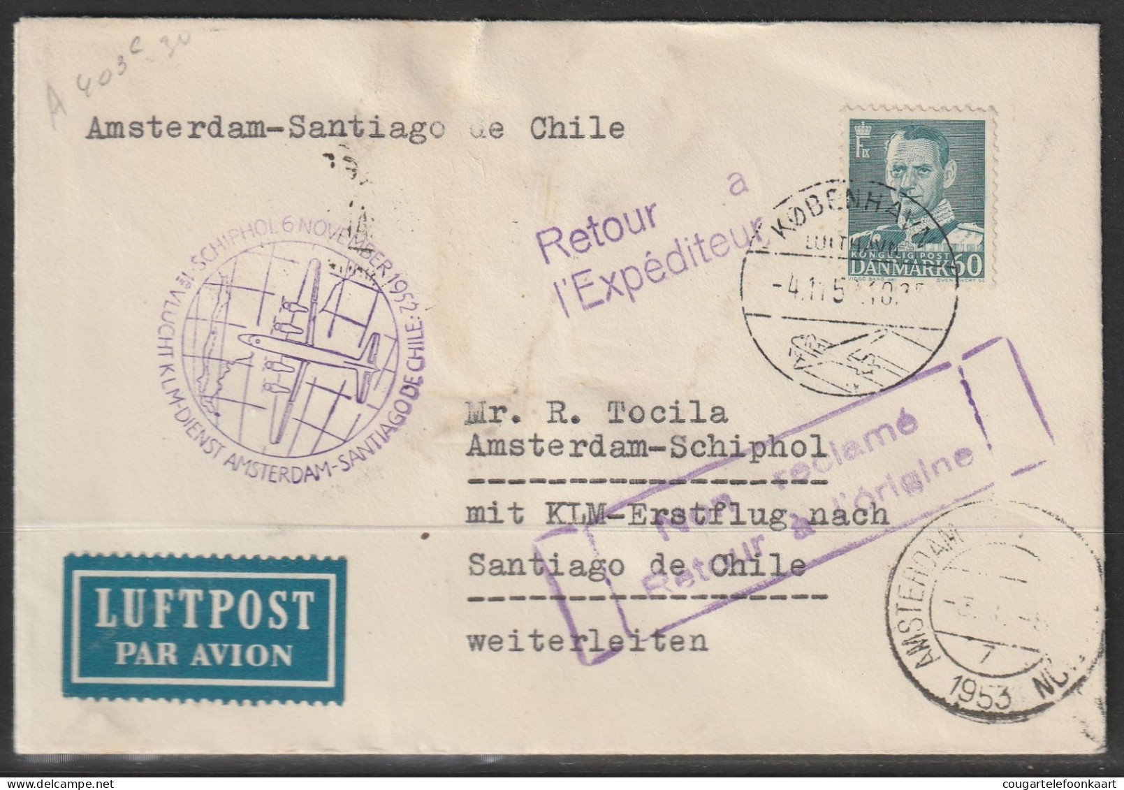 1952, KLM, First Flight Cover, Kobenhavn-Santiago De Chili, Feeder Mail - Luftpost