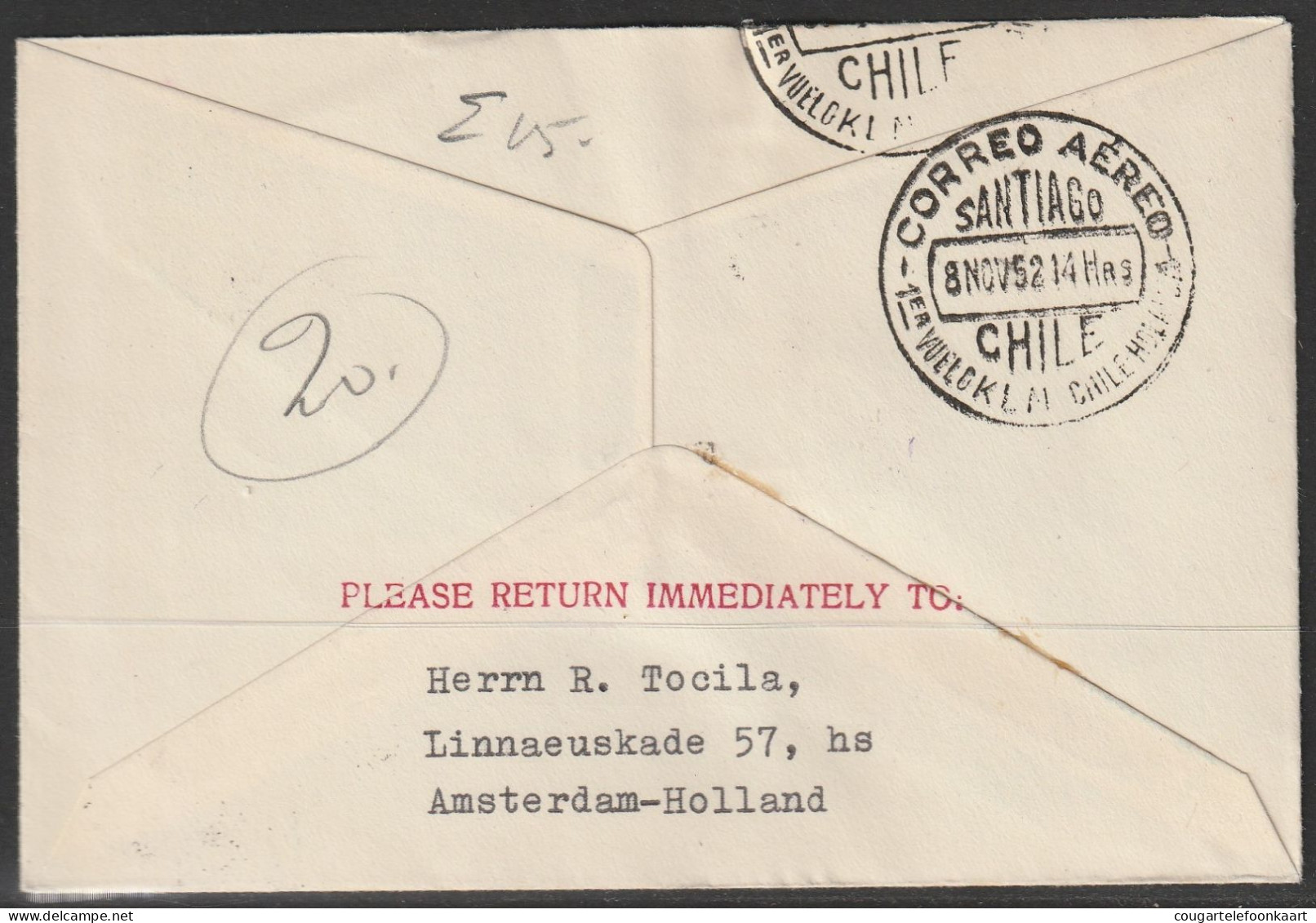 1952, KLM, First Flight Cover, Kobenhavn-Santiago De Chili, Feeder Mail - Luftpost