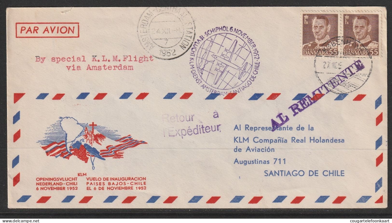 1952, KLM, First Flight Cover, Kobenhavn-Santiago De Chili, Feeder Mail - Posta Aerea