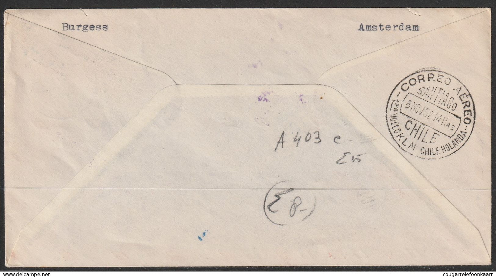 1952, KLM, First Flight Cover, Kobenhavn-Santiago De Chili, Feeder Mail - Poste Aérienne