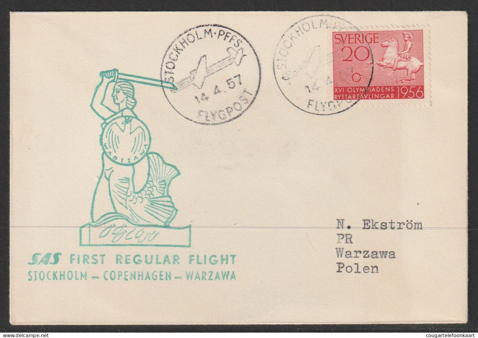 1957, SAS, First Flight Cover, Stockholm-Warszawa - Otros & Sin Clasificación