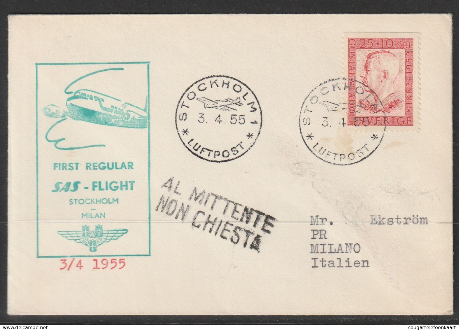 1955, SAS, First Flight Cover, Stockholm-Milano - Otros & Sin Clasificación