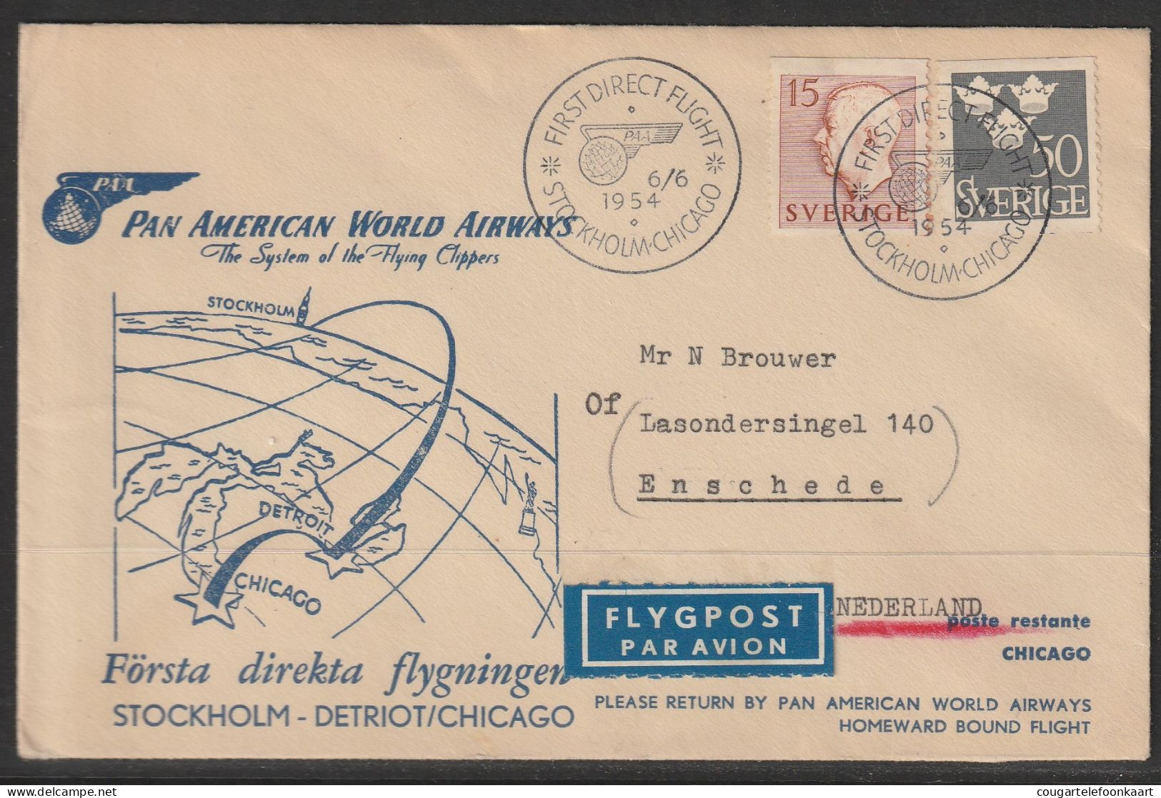 1954, Panam, First Flight Cover, Stockholm-Chicago AMF - Sonstige & Ohne Zuordnung