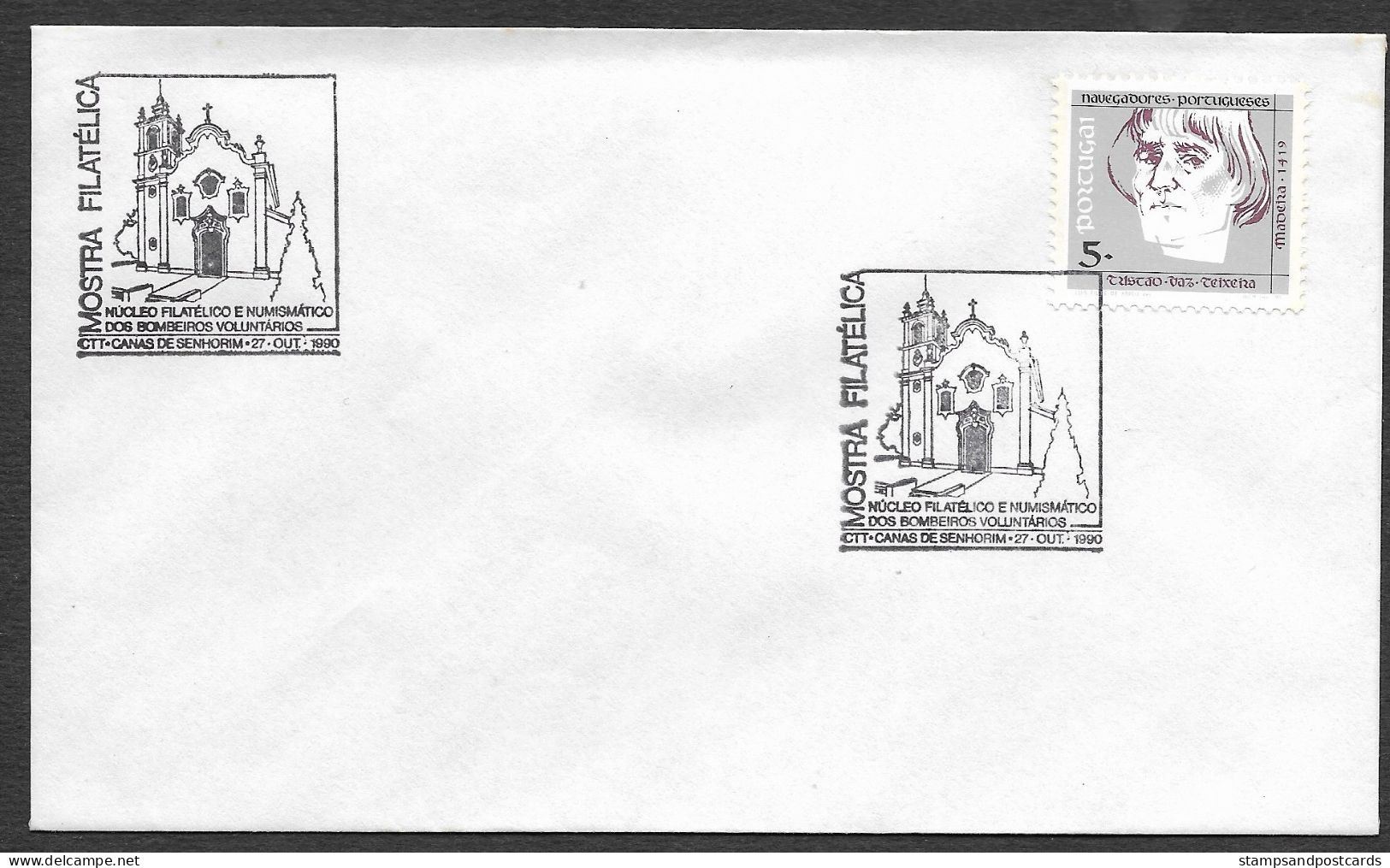 Portugal Cachet Commémoratif Sapeurs-Pompiers Canas De Senhorim Eglise 1990 Event Postmark Firefighters Church - Maschinenstempel (Werbestempel)