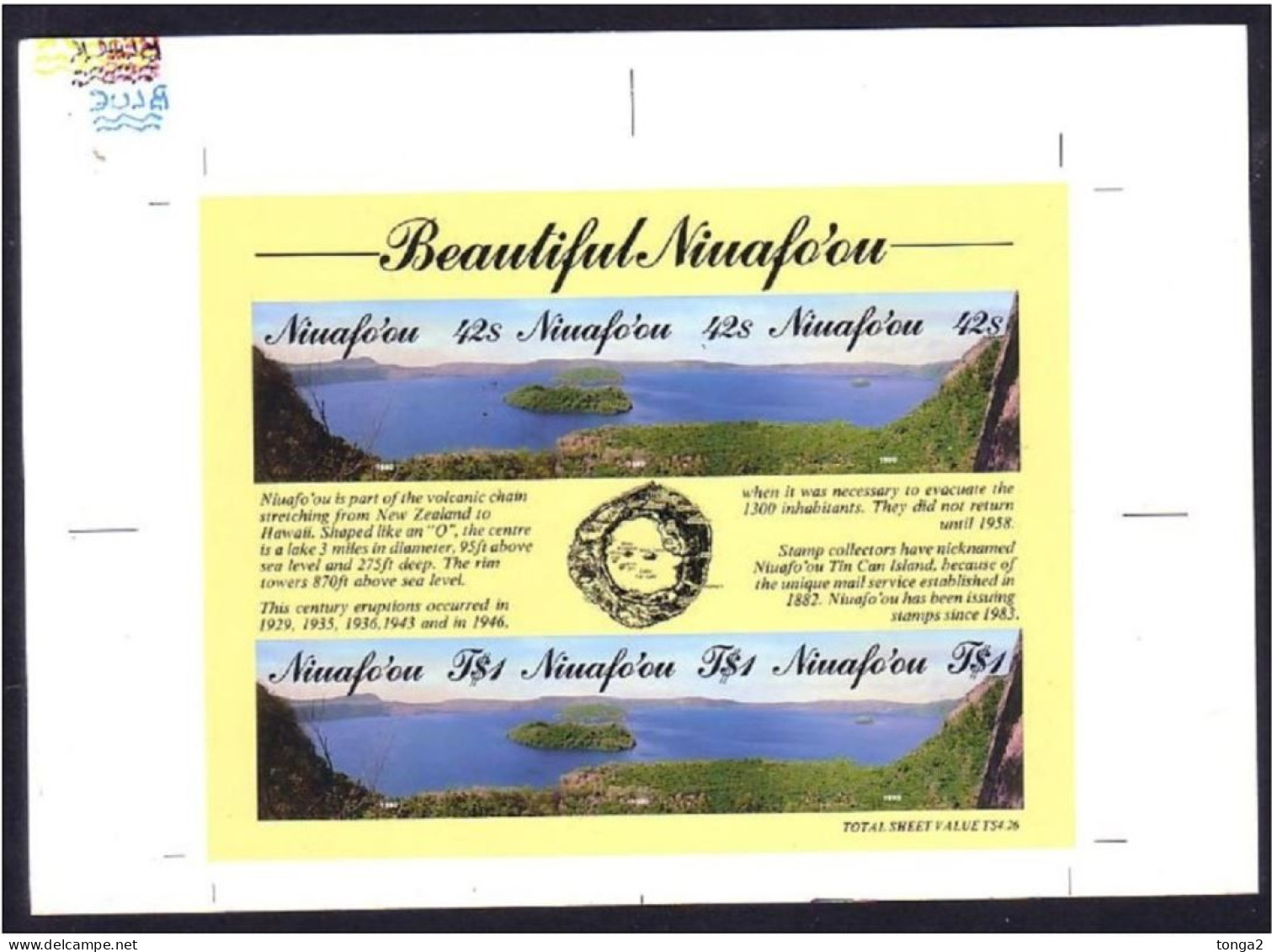 TONGA Niuafoou Cromalin Proof 1990 S/S - Tin Can Mail Island Volcano Crater Lake - 5 Exist - Volcanos