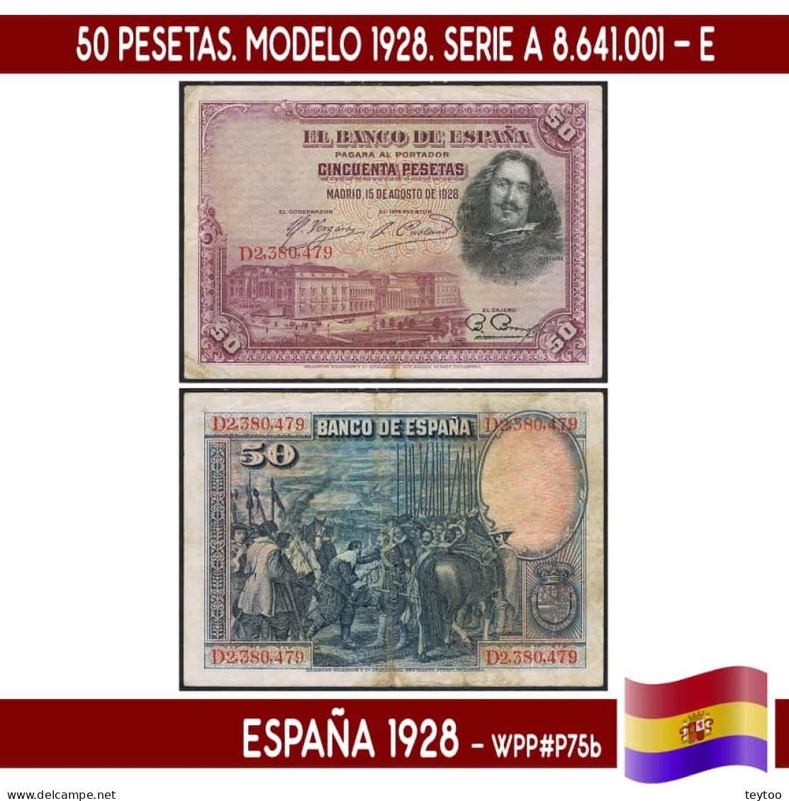 B0942.1# España 1928. 50 Pts. Modelo 1928 (F) WP#P75b - 50 Peseten