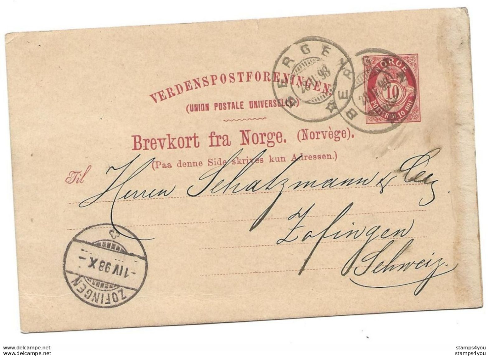 289 - 8 - Entier Postal Envoyé De Bergen En Suisse 1898 - Entiers Postaux