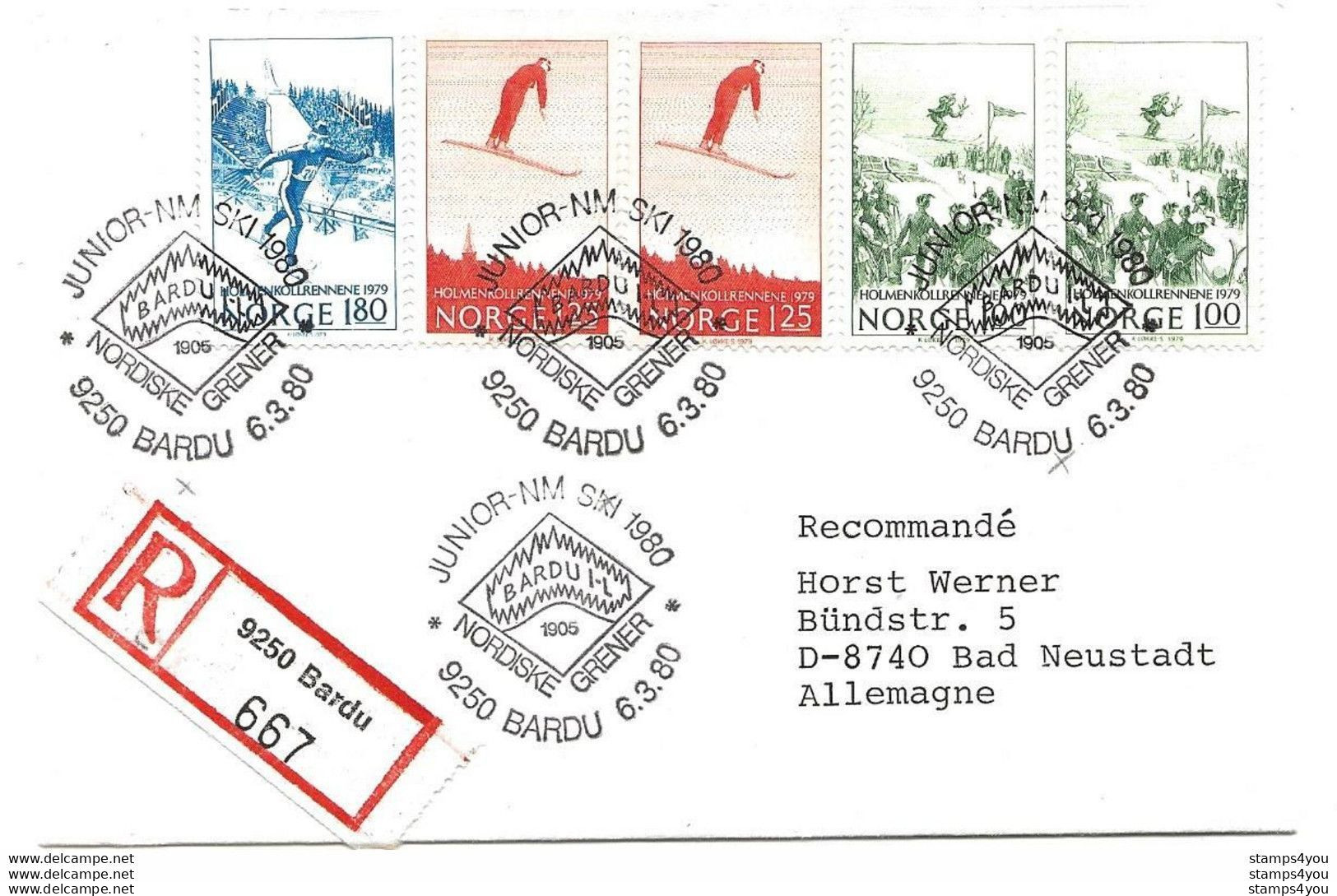 289 - 15 - Enveloppe Recommandée Avec Oblit Spéciale De Bardu "Junior NM Ski 1980" - Storia Postale