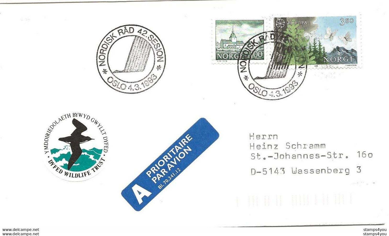289 - 12 - Enveloppe Avec Oblit Spéciale De Oslo "Nordisk Rad 42 Sesion 1993" - Covers & Documents