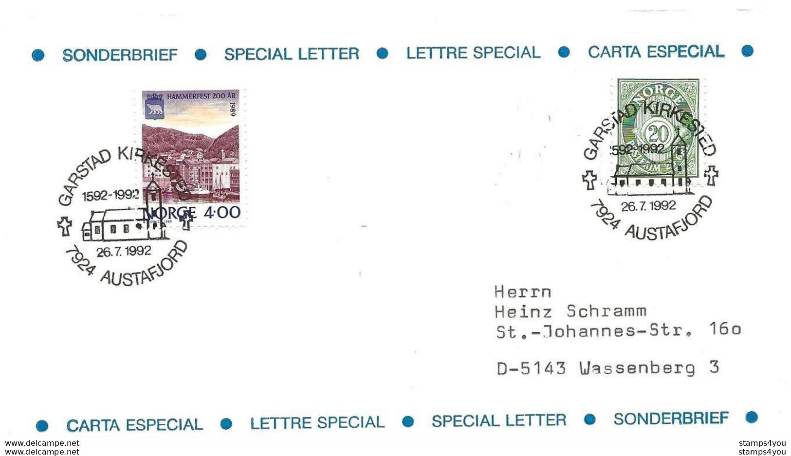 289 - 9 - Enveloppe Avec Oblit Spéciale De Austafjord 1992 - Storia Postale