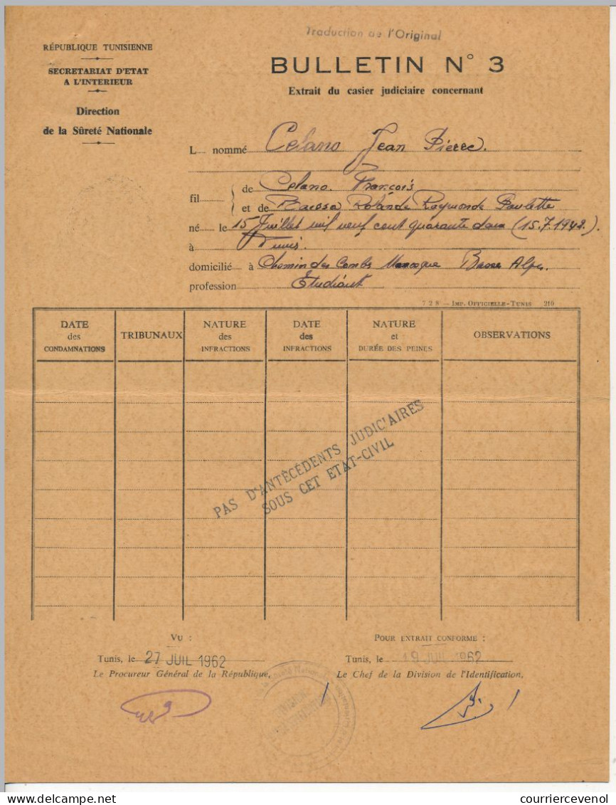 FRANCE / TUNISIE - Extrait De Casier Judiciaire N°3 - 27 Juillet 1962 - Recto En Langue Arabe, Verso Traduit En Français - Unclassified