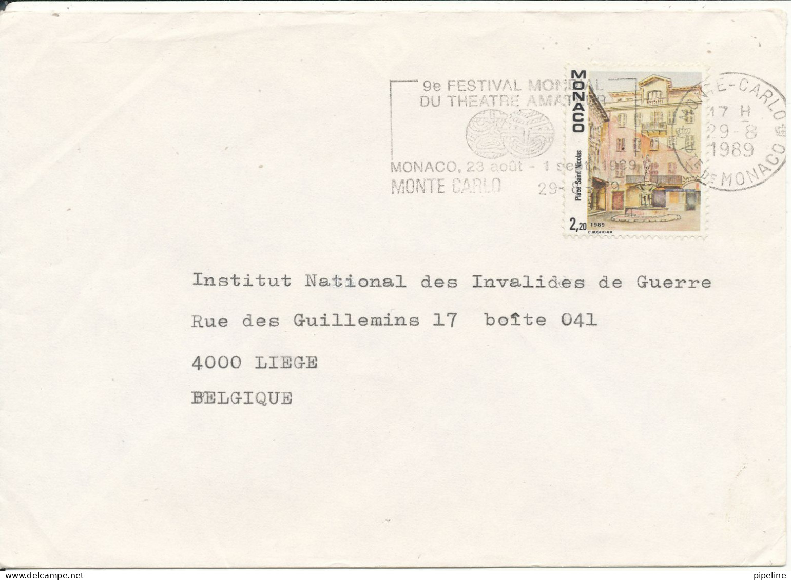 Monaco Cover Sent To Belgium 29-8-1989 Single Franked - Briefe U. Dokumente