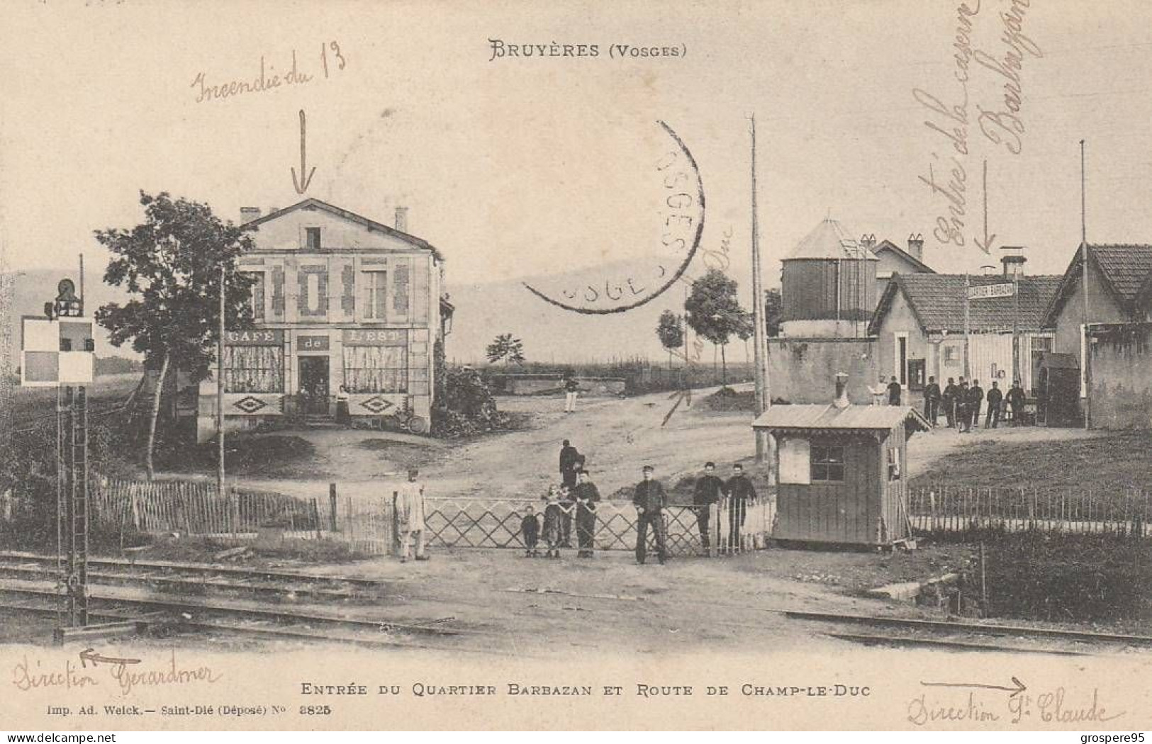 BRUYERES ENTREE DU QUARTIER BARBAZAN ET ROUTE DE CHAMP LE DUC CAFE DE L'EST 1905 RARE - Bruyeres