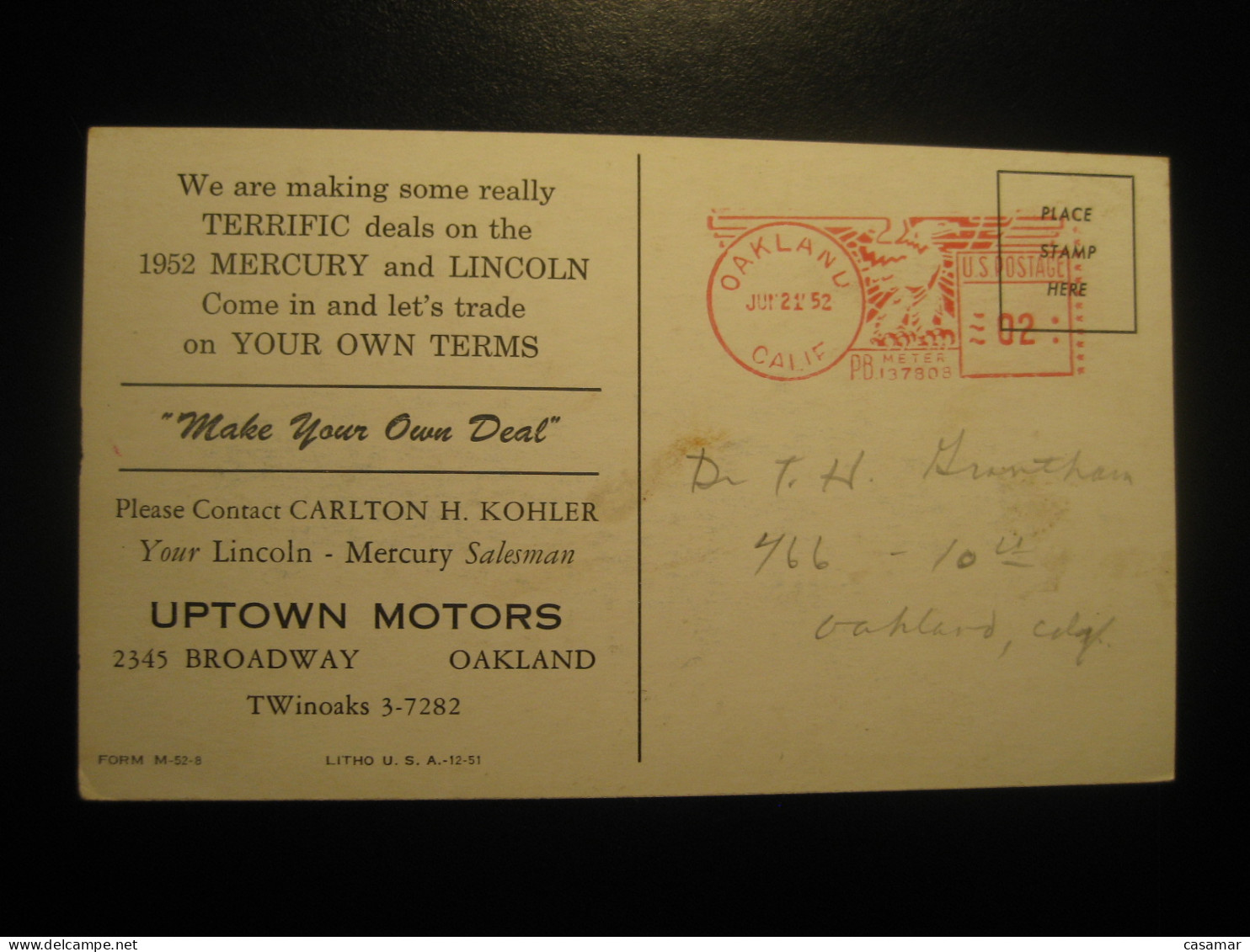 MERCURY For 52 Lincoln Car Auto Broadway Oakland Meter Mail Cancel 1952 California USA Postcard - Oakland