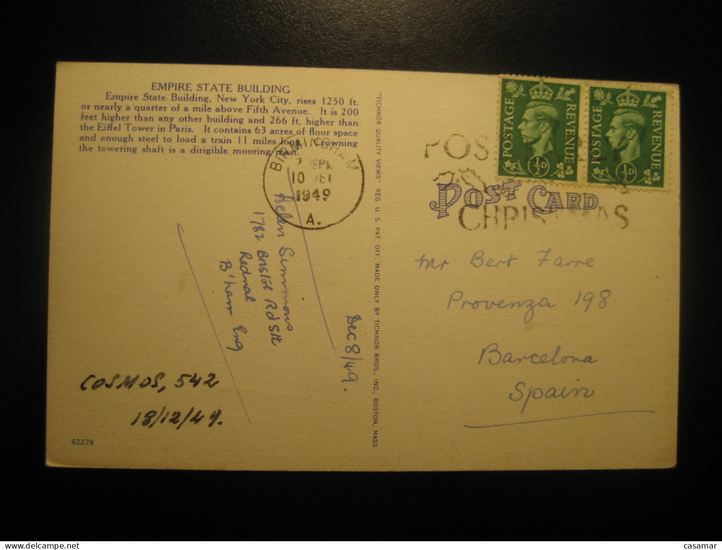 NEW YORK CITY New York Empire State Building BIRMINGHAM England Cancel 1949 To Spain USA Postcard - Empire State Building