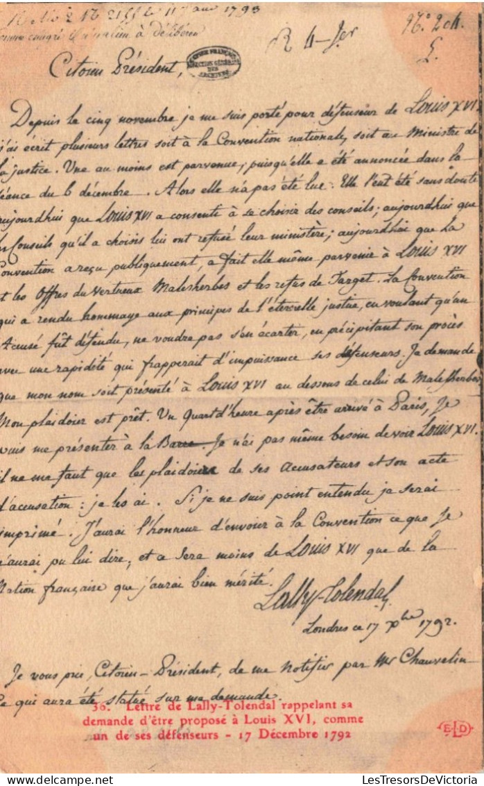 Histoire - Lettrede Lally Tolendal Rappelant Sa Demande D'être Proposée à Louis XVI... - Carte Postale Ancienne - History