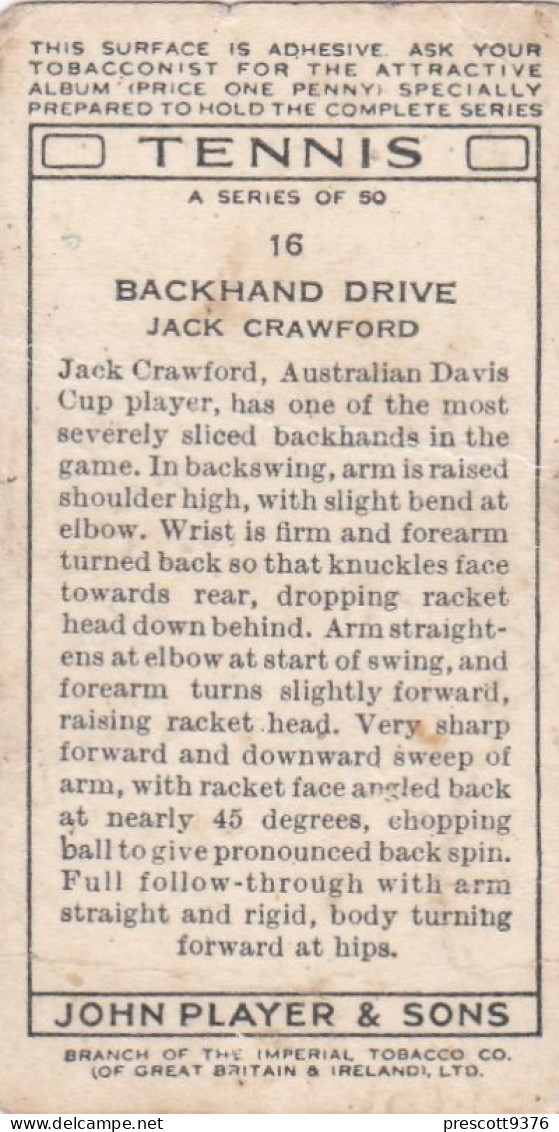 Tennis 1936,  Players Cigarette Card - 16 Jack Crawford, Backhand - Player's