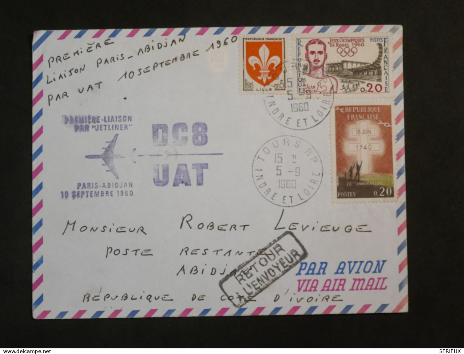 BY12 FRANCE  BELLE  LETTRE  1960  1ER VOL PARIS A  ABIDJAN  COTE D IVOIRE ++    +AFF. PLAISANT ++ - First Flight Covers