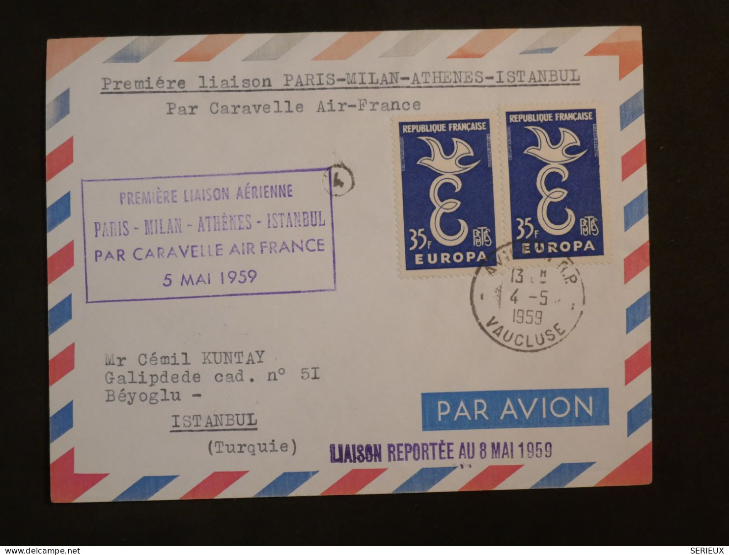 BY12 FRANCE  BELLE  LETTRE  LIAISON REPORTEE 1959  1ER VOL PARIS ATHENES   ISTANBUL TURQUIE +AFF. PLAISANT ++ - Premiers Vols