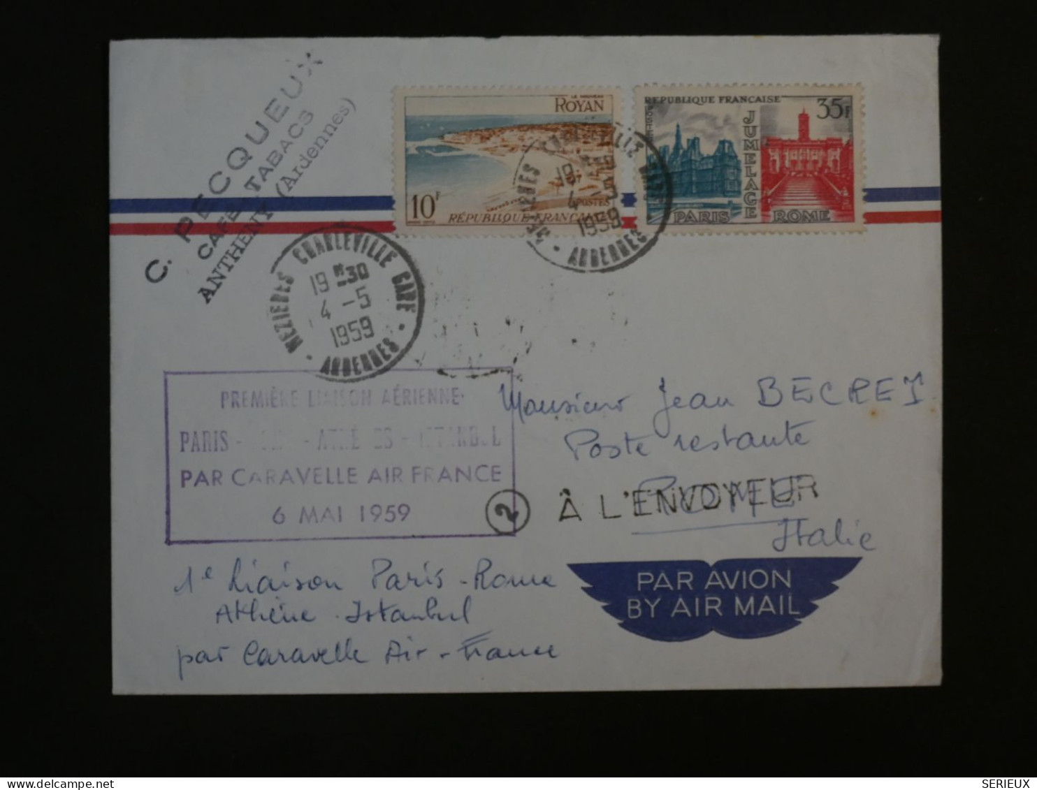 BY12 FRANCE  BELLE  LETTRE   1959  1ER VOL PARIS ATHENES   ISTANBUL TURQUIE +AFF. PLAISANT ++ - Erst- U. Sonderflugbriefe