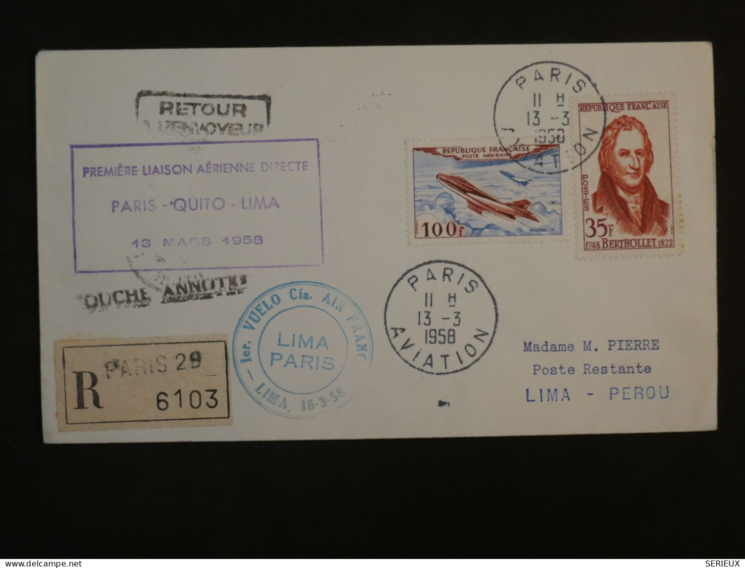 BY12 FRANCE  BELLE  LETTRE RECOM.   1950  1ER VOL PARIS  LIMA PEROU +SOUCHES ANNOTéS +AFF. PLAISANT ++ - First Flight Covers