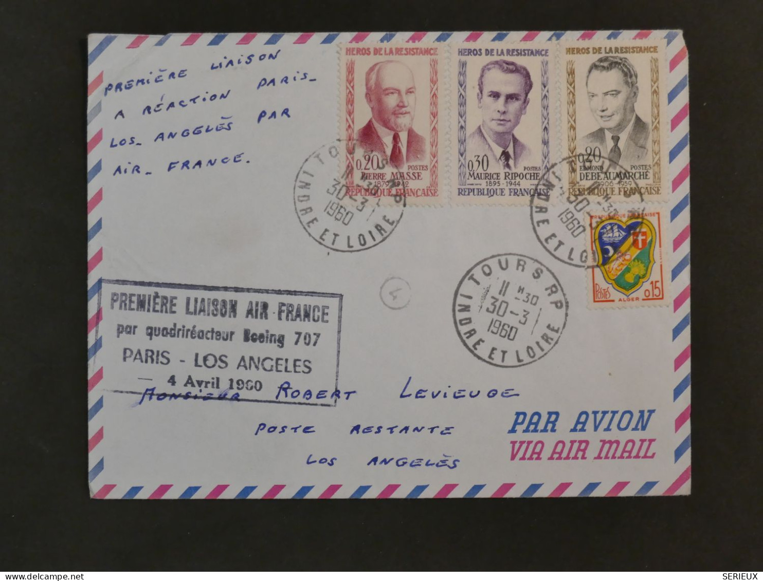 BY12 FRANCE  BELLE  LETTRE RECOM.   1960  1ER VOL PARIS A LOS ANGELES USA DE TOURS ++AFF. PLAISANT ++ - Premiers Vols
