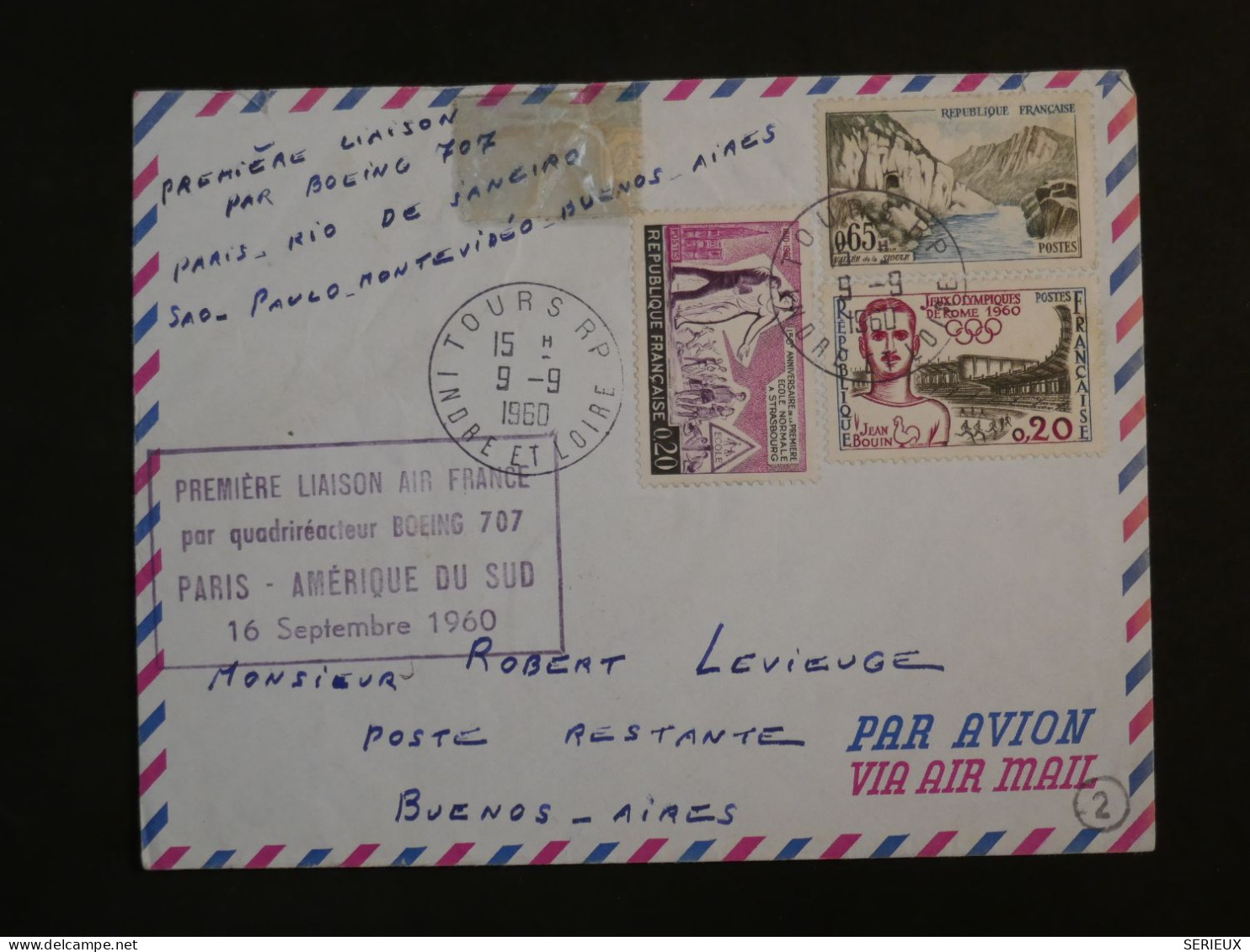 BY12 FRANCE  BELLE  LETTRE   1960  1ER VOL PARIS A  BUENOS AIRES ARGENTINA  +SOUCHES ANNOTéS +AFF. PLAISANT ++ - Eerste Vluchten