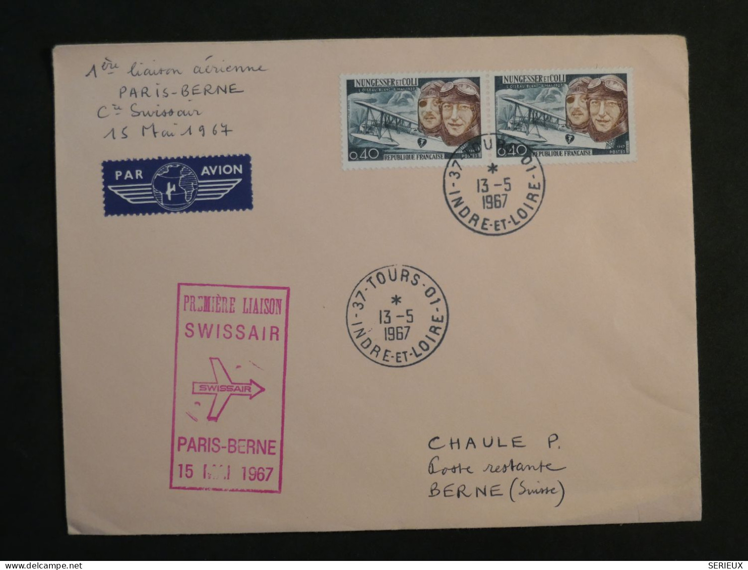 BY12 FRANCE  BELLE  LETTRE   1960  1ER VOL PARIS BERNE SUISSE  +AFF. PLAISANT ++ - Erst- U. Sonderflugbriefe