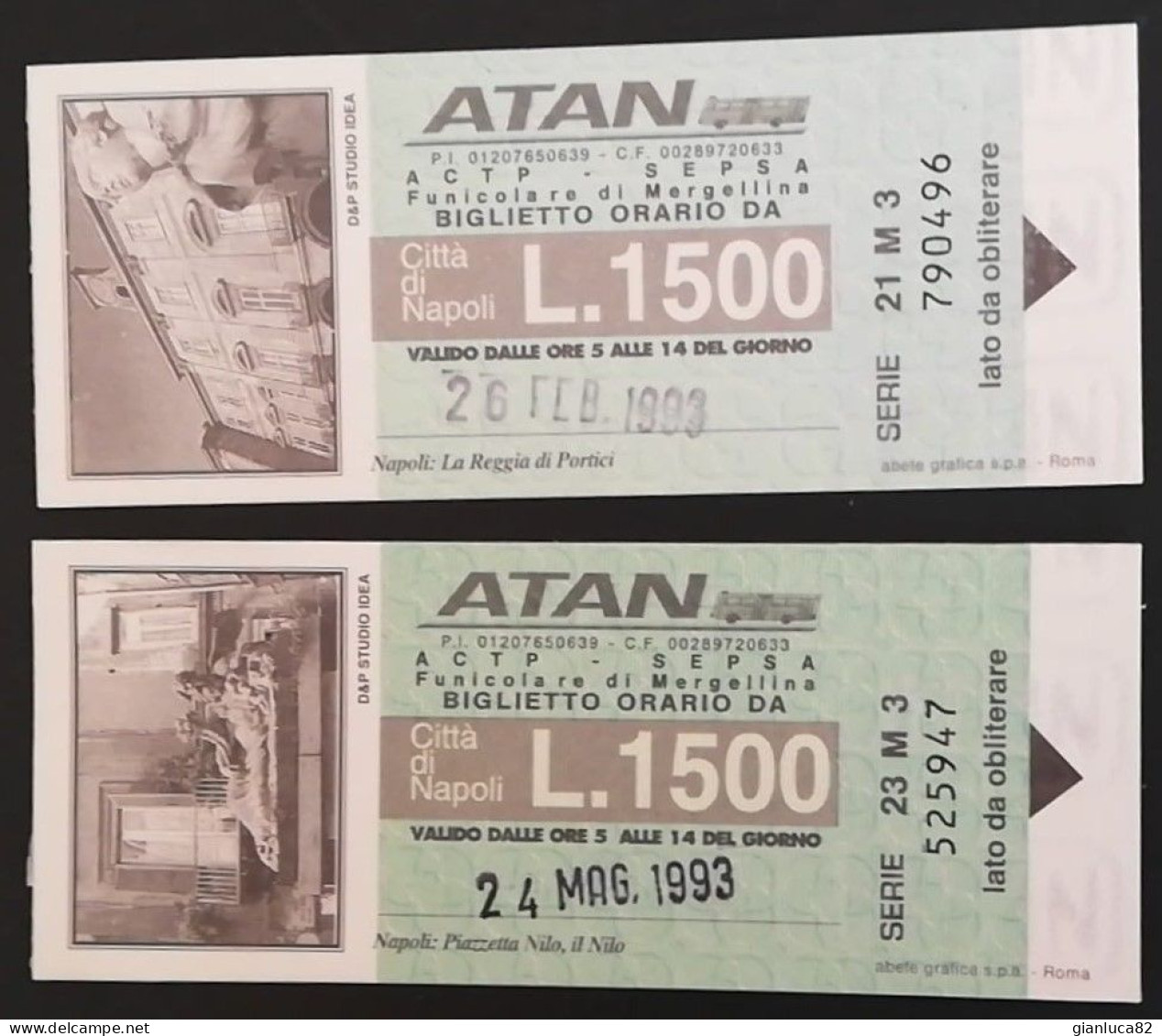 Coppia Biglietti Verde ATAN Da 1500 Lire Con Monumenti Campania 1993 (84) Come Foto Azienza Tranvie Autofilovie Napoli - Sin Clasificación