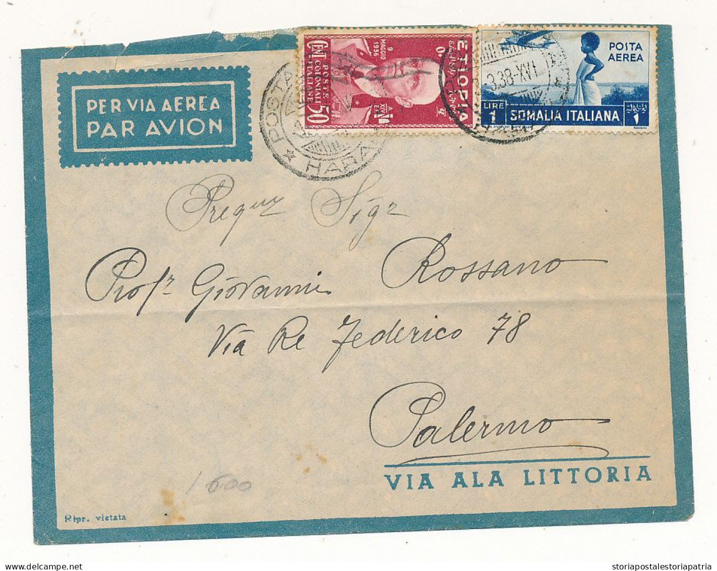 1938 COLONIE ITALIANE AFRICA ORIENTALE MISTA ETIOPIA SOMALIA DA HARAR POSTA AEREA - Eastern Africa