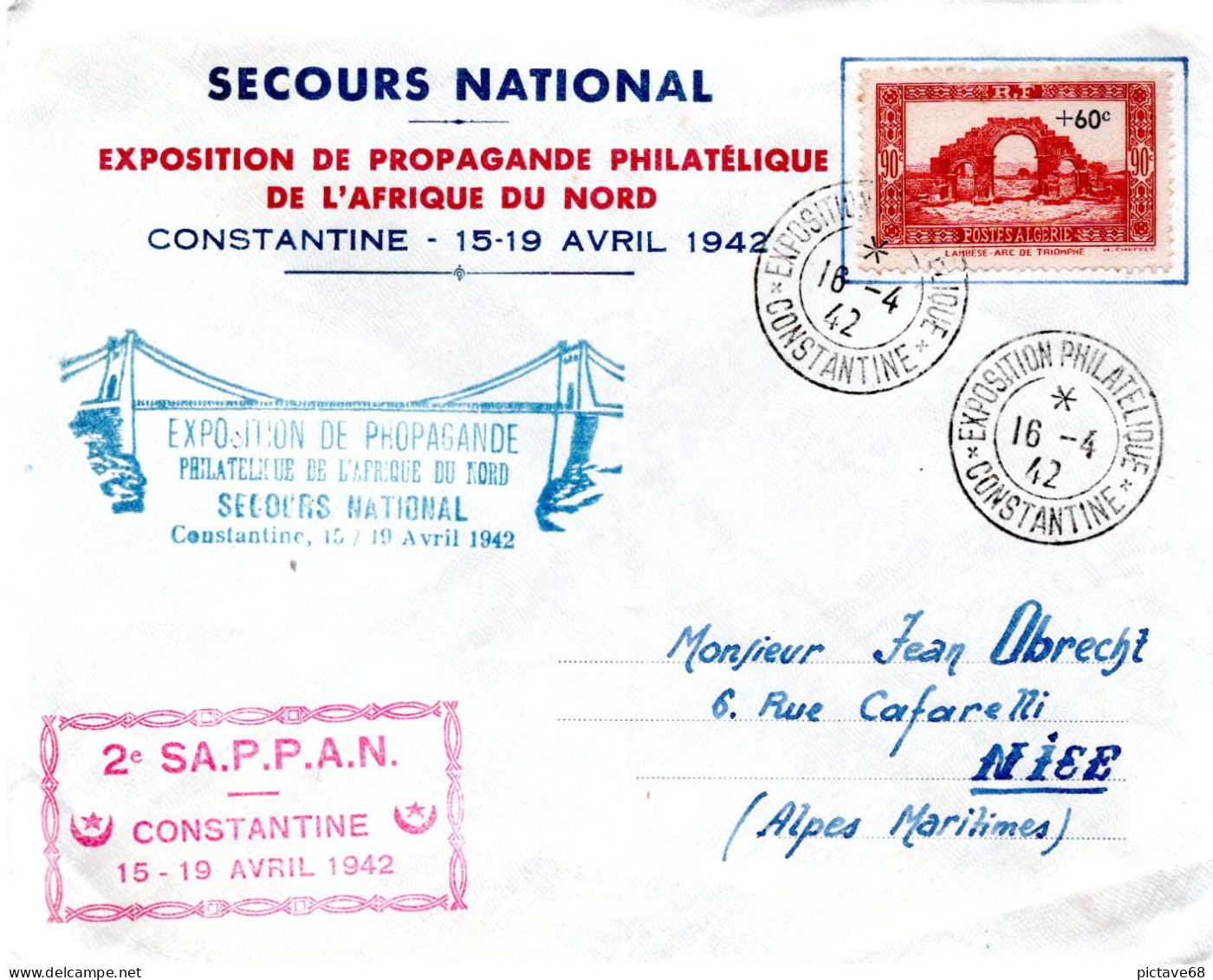 ALGERIE// ENVELOPPE EXPOSITION PHILATELIQUE DE CONSTANTINE DE 1942 POUR LE SECOURS NATIONAL - Lettres & Documents