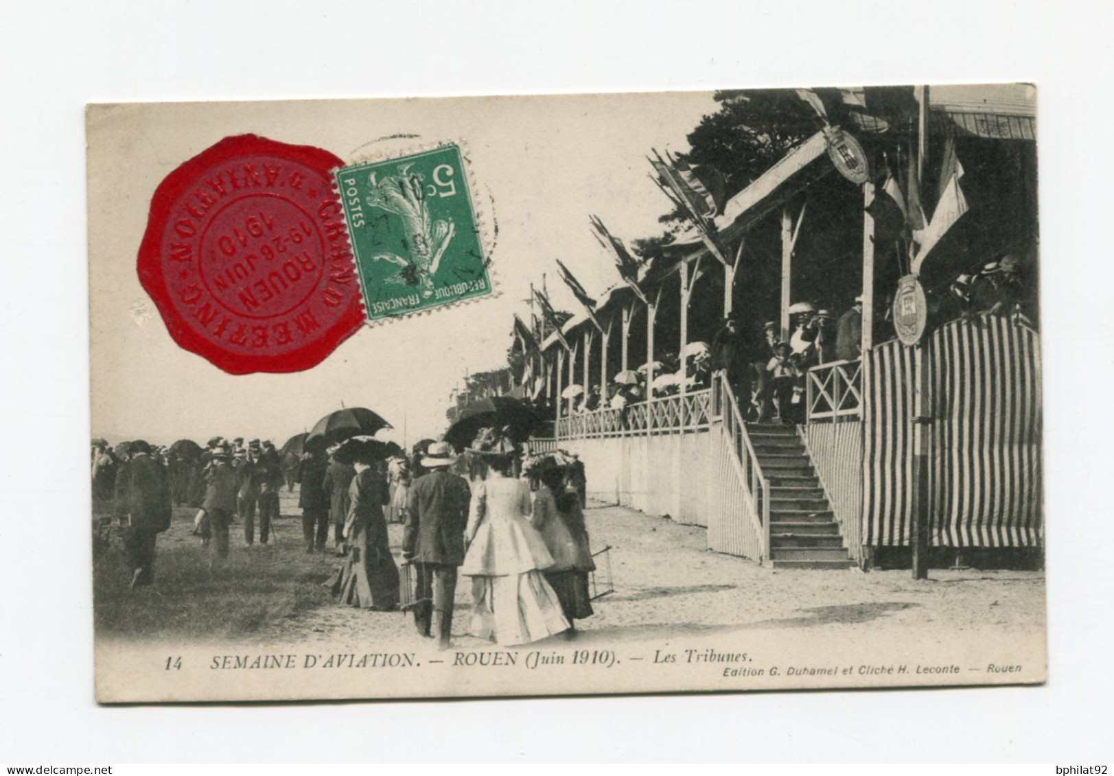 !!! MEETING DE ROUEN DE 1910, CPA DE LA TRIBUNE AVEC VIGNETTE SCEAU DU MEETING - Brieven En Documenten